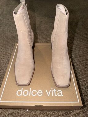 Dolce Vita Light Beige Suede Square-Toe Ankle Booties